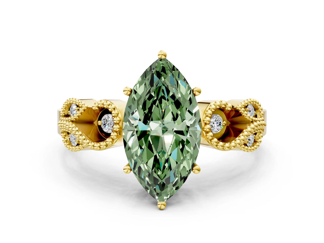 Yellow gold Fancy Green Marquise Cut Solitaire Milgrain Leaf Band with Prong Setting