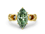 Yellow gold Fancy Green Marquise Cut Solitaire Milgrain Leaf Band with Prong Setting