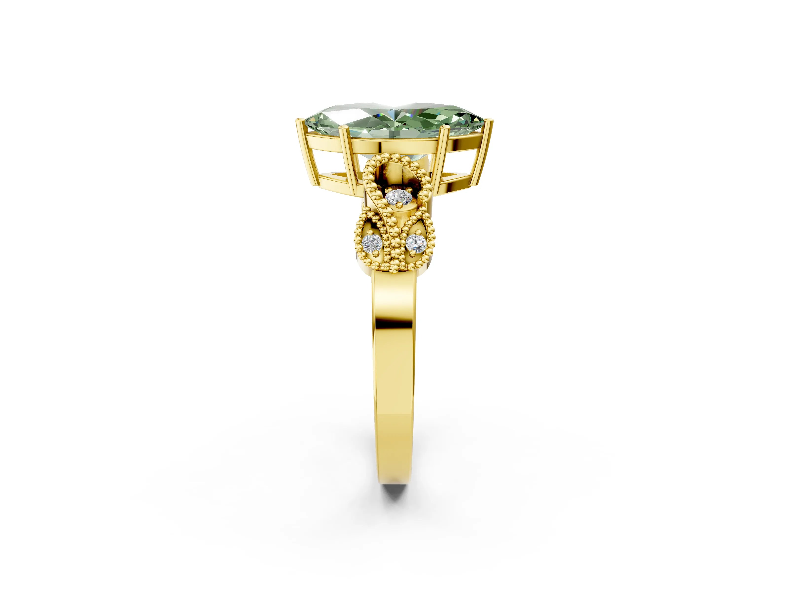 Yellow gold Fancy Green Marquise Cut Solitaire Milgrain Leaf Band with Prong Setting_2