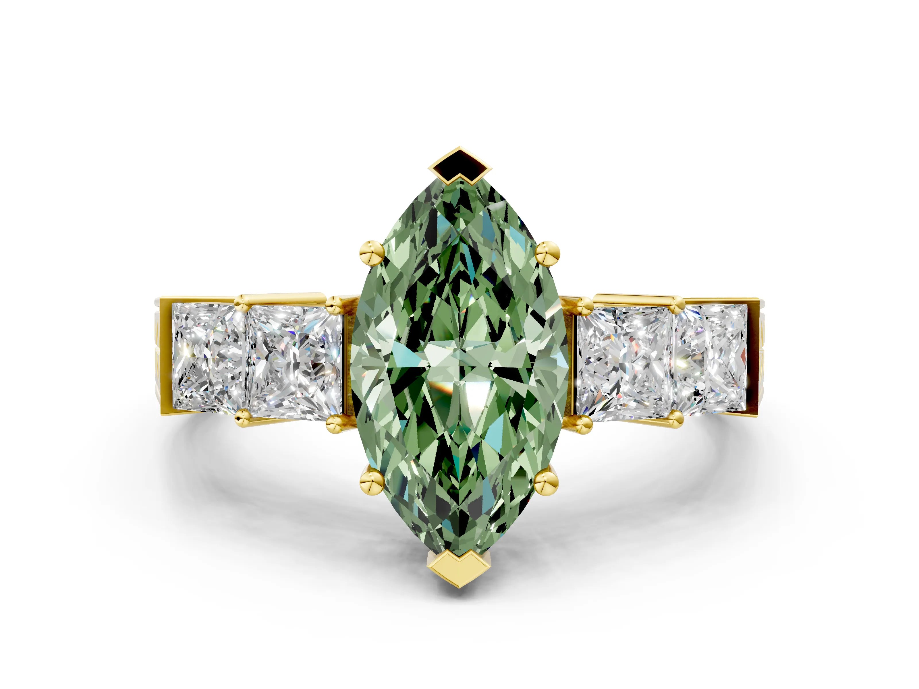 Yellow gold Fancy Green Marquise Cut Solitaire Princess Side Stone Engraved Band Prong Setting Ring