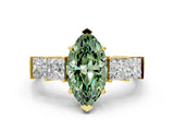Yellow gold Fancy Green Marquise Cut Solitaire Princess Side Stone Engraved Band Prong Setting Ring