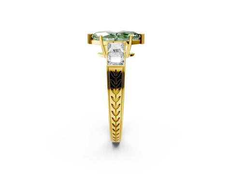 Yellow gold Fancy Green Marquise Cut Solitaire Princess Side Stone Engraved Band Prong Setting Ring_2