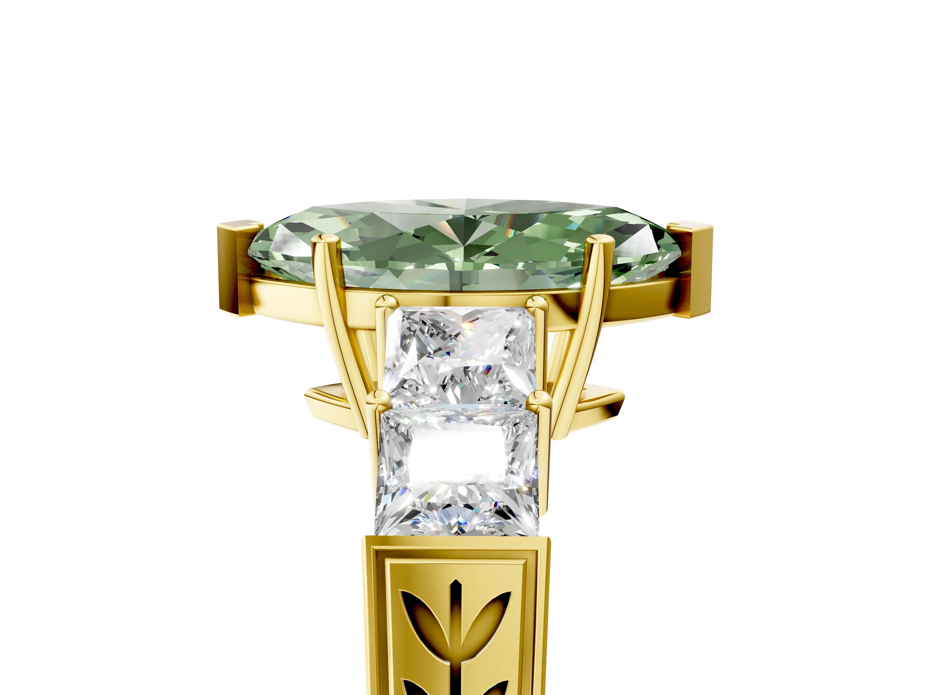 Yellow gold Fancy Green Marquise Cut Solitaire Princess Side Stone Engraved Band Prong Setting Ring_5