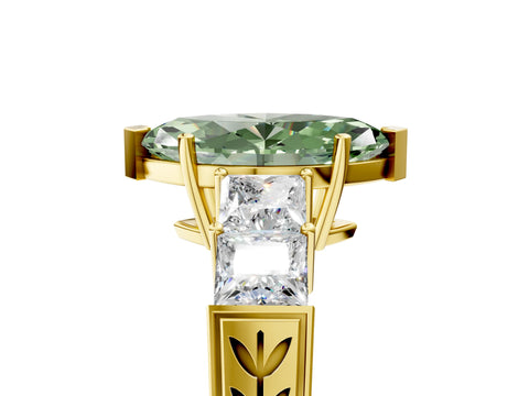 Yellow gold Fancy Green Marquise Cut Solitaire Princess Side Stone Engraved Band Prong Setting Ring_5