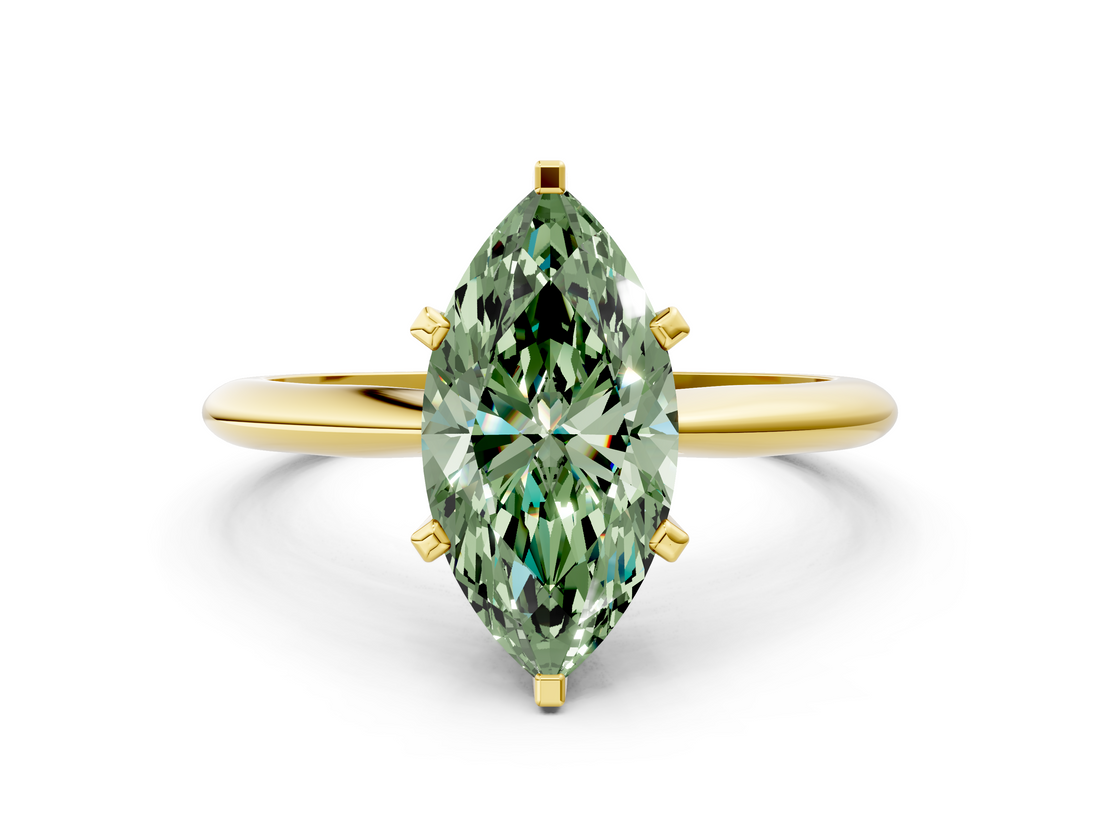 Yellow gold Fancy Green Marquise  Cut Solitaire Ring with Four-Prong Setting on a Classic Band_45