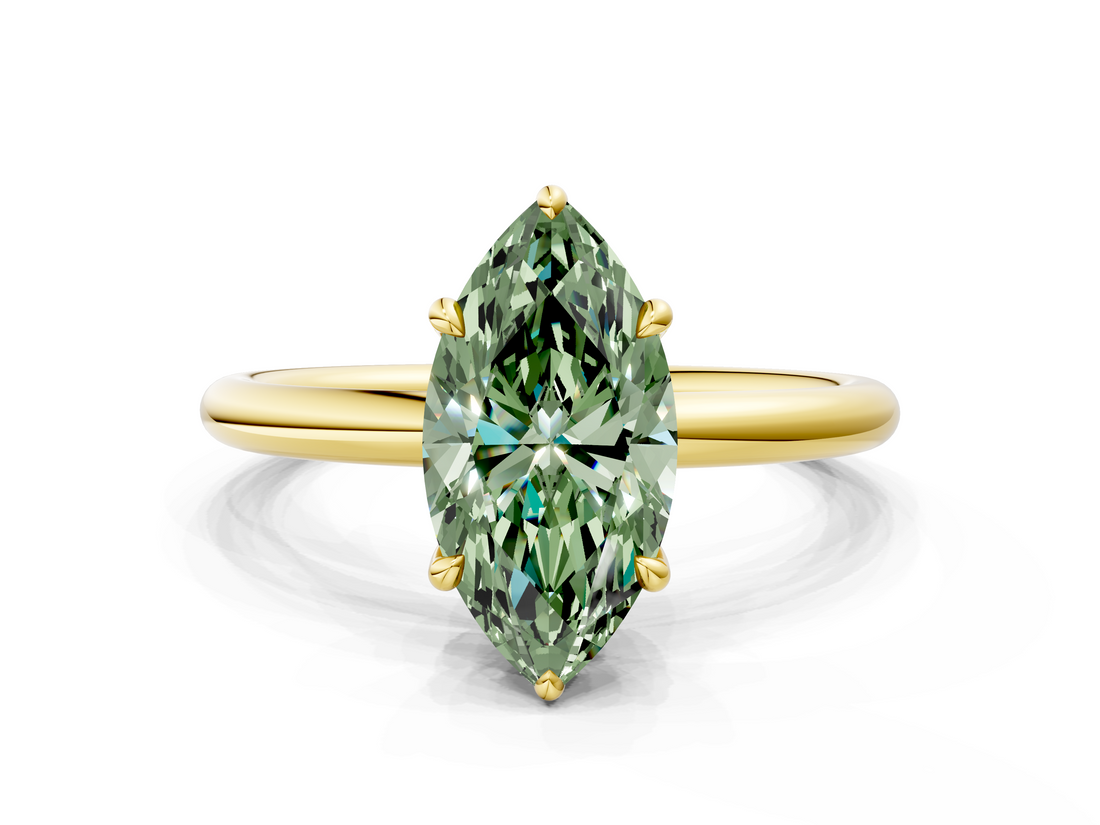 Yellow gold Fancy Green Marquise  Cut Solitaire Ring with Thin Band and Four-Prong Setting_16