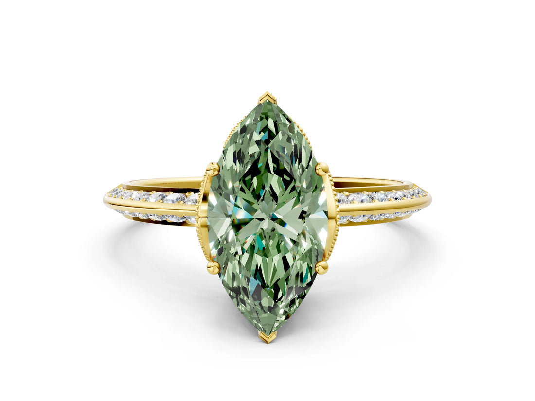 Yellow gold Fancy Green Marquise Cut Solitaire Split Shank Pave Diamond Engagement Ring with Four-Prong Setting