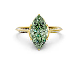 Yellow gold Fancy Green Marquise Cut Solitaire Split Shank Pave Diamond Engagement Ring with Four-Prong Setting