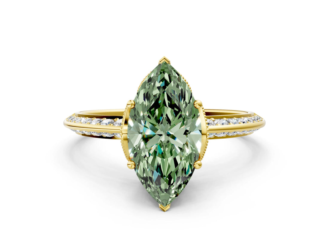 Yellow gold Fancy Green Marquise Cut Solitaire Split Shank Pave Diamond Engagement Ring with Four-Prong Setting_24