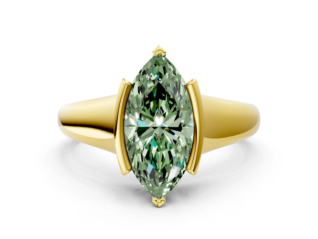 Yellow gold Fancy Green Marquise Cut Solitaire Tension Set Diamond Ring with Split Shank Band