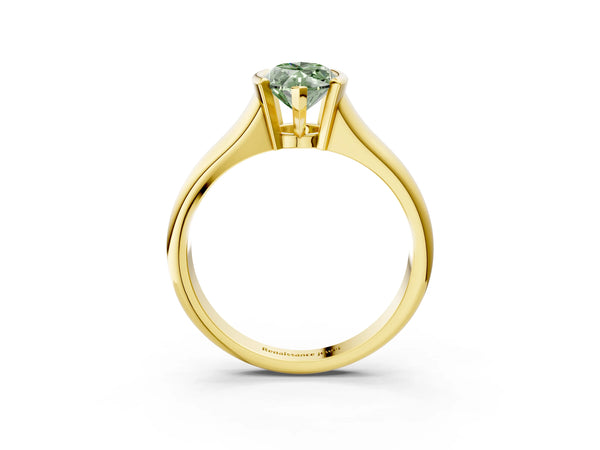 Yellow gold Fancy Green Marquise Cut Solitaire Tension Set Diamond Ring with Split Shank Band