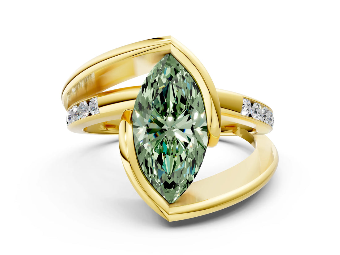 Yellow gold Fancy Green Marquise Cut Solitaire Tension-Set Diamond Split Shank Ring