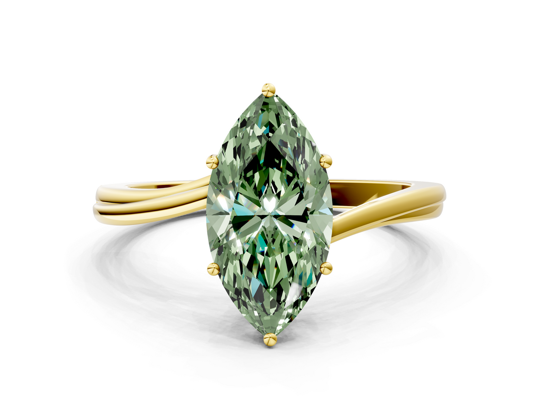 Yellow gold Fancy Green Marquise  Cut Solitaire Twist Band Ring with Four-Prong Setting_23