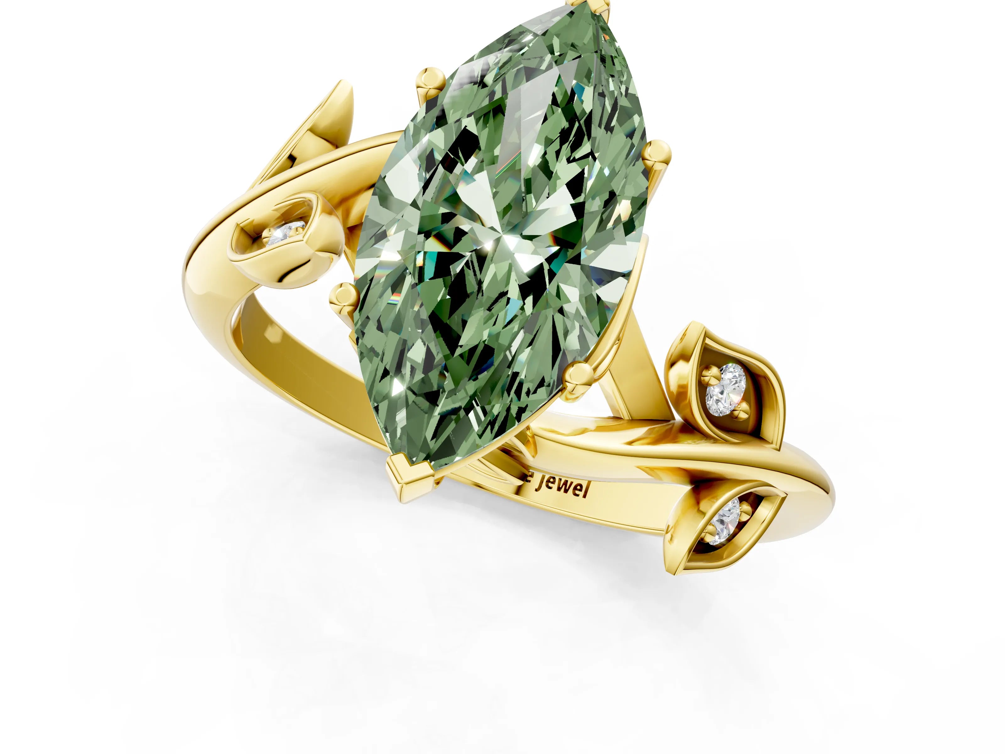 Yellow gold Fancy Green Marquise Cut Solitaire Twist Engagement Ring with Leaf Accents and Prong Setting_1