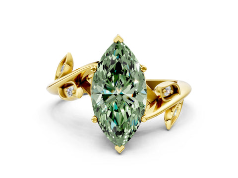 Yellow gold Fancy Green Marquise Cut Solitaire Twist Engagement Ring with Leaf Accents and Prong Setting_12