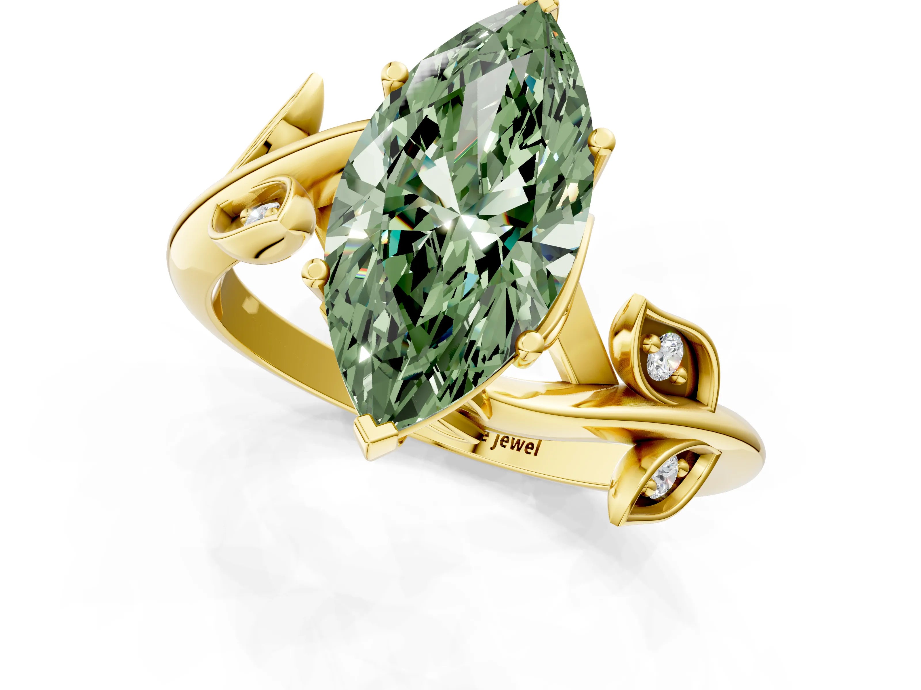Yellow gold Fancy Green Marquise Cut Solitaire Twist Engagement Ring with Leaf Accents and Prong Setting_13