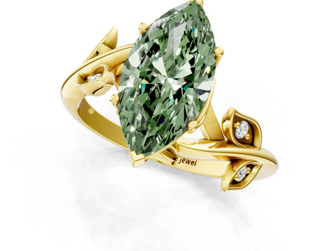 Yellow gold Fancy Green Marquise Cut Solitaire Twist Engagement Ring with Leaf Accents and Prong Setting_13