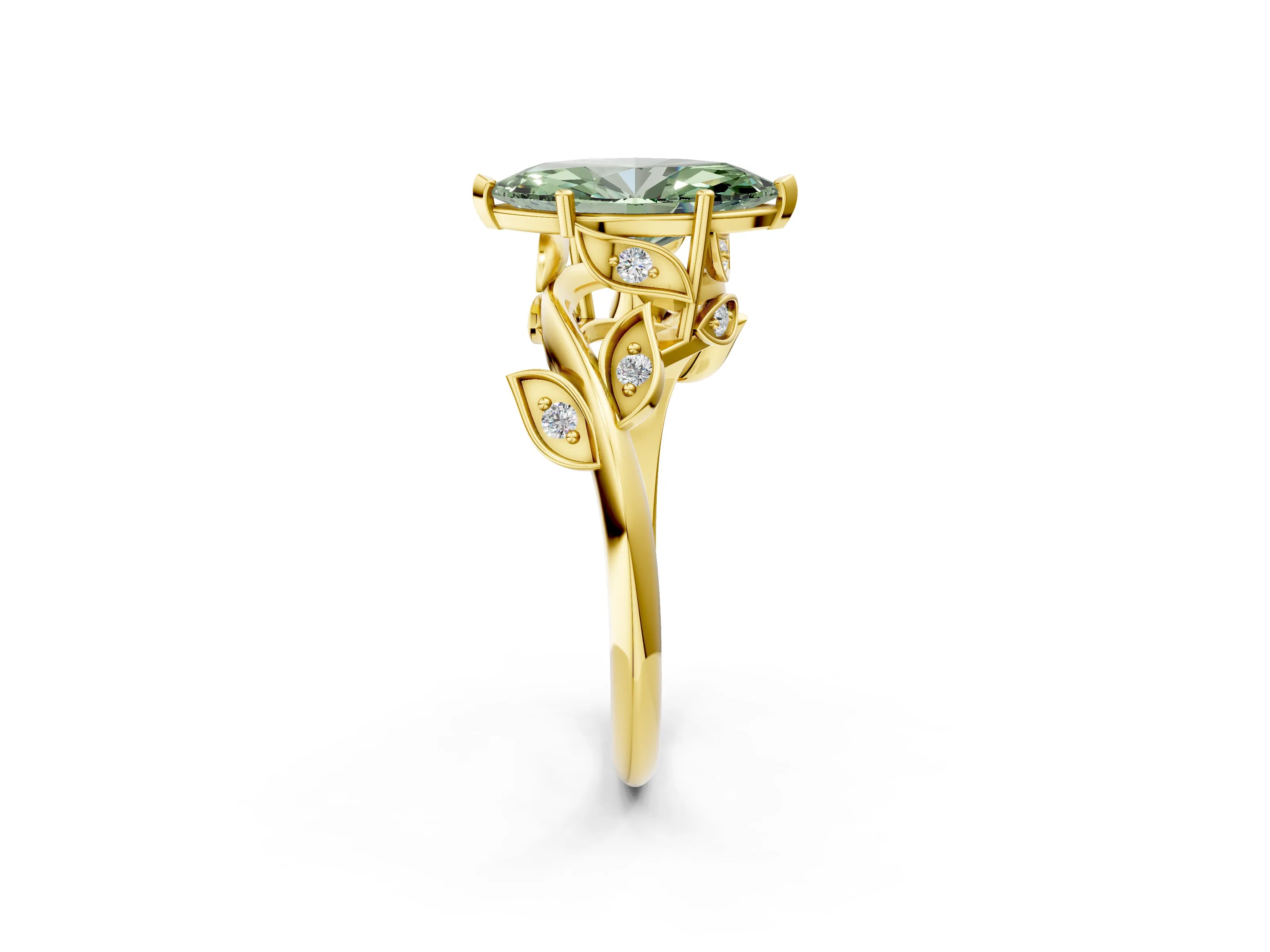 Yellow gold Fancy Green Marquise Cut Solitaire Twist Engagement Ring with Leaf Accents and Prong Setting_14