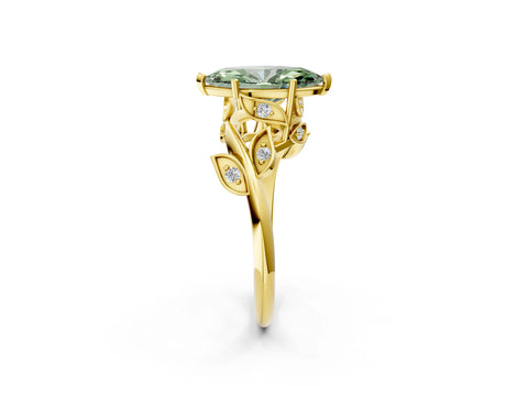 Yellow gold Fancy Green Marquise Cut Solitaire Twist Engagement Ring with Leaf Accents and Prong Setting_14