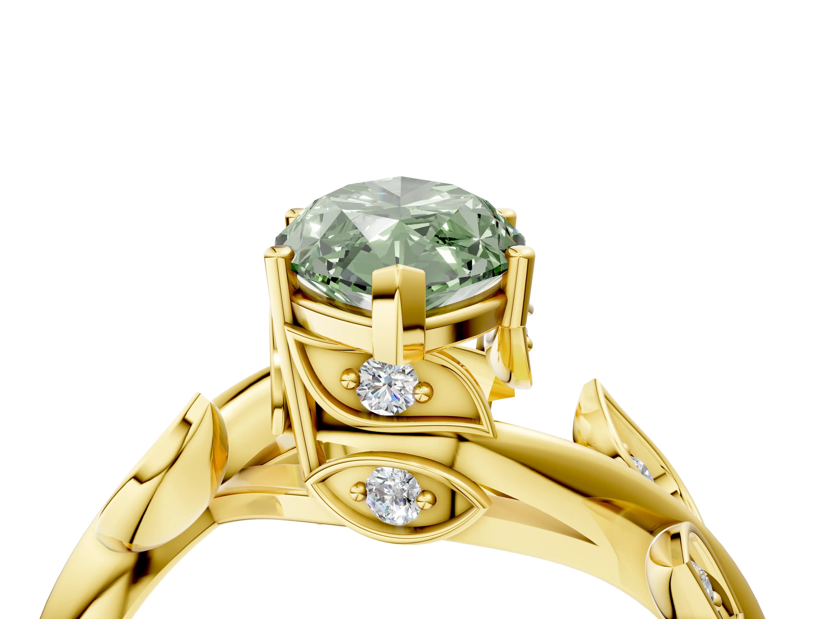 Yellow gold Fancy Green Marquise Cut Solitaire Twist Engagement Ring with Leaf Accents and Prong Setting_16