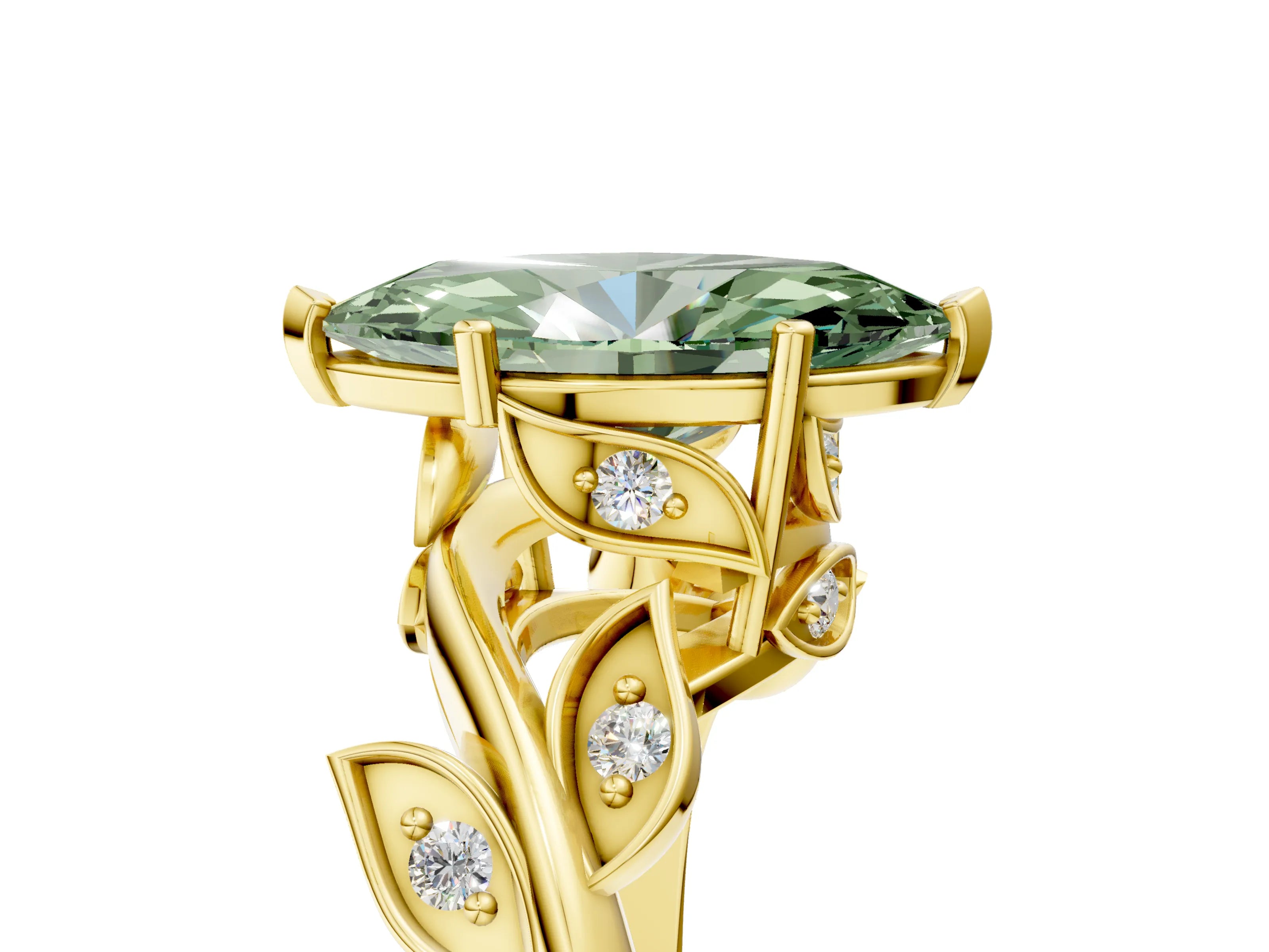 Yellow gold Fancy Green Marquise Cut Solitaire Twist Engagement Ring with Leaf Accents and Prong Setting_17