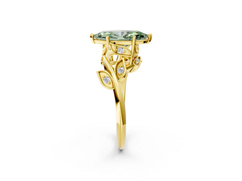 Yellow gold Fancy Green Marquise Cut Solitaire Twist Engagement Ring with Leaf Accents and Prong Setting_2