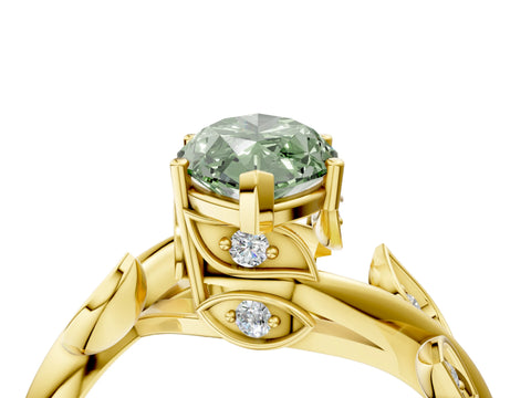 Yellow gold Fancy Green Marquise Cut Solitaire Twist Engagement Ring with Leaf Accents and Prong Setting_4