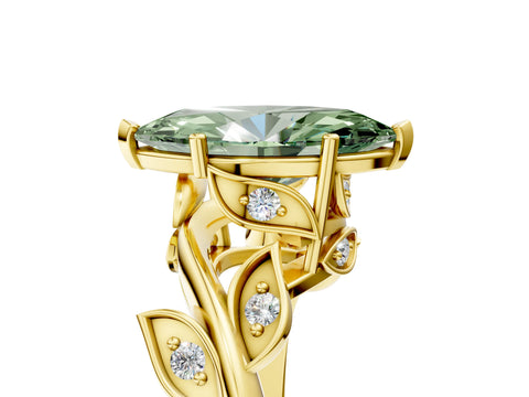 Yellow gold Fancy Green Marquise Cut Solitaire Twist Engagement Ring with Leaf Accents and Prong Setting_5