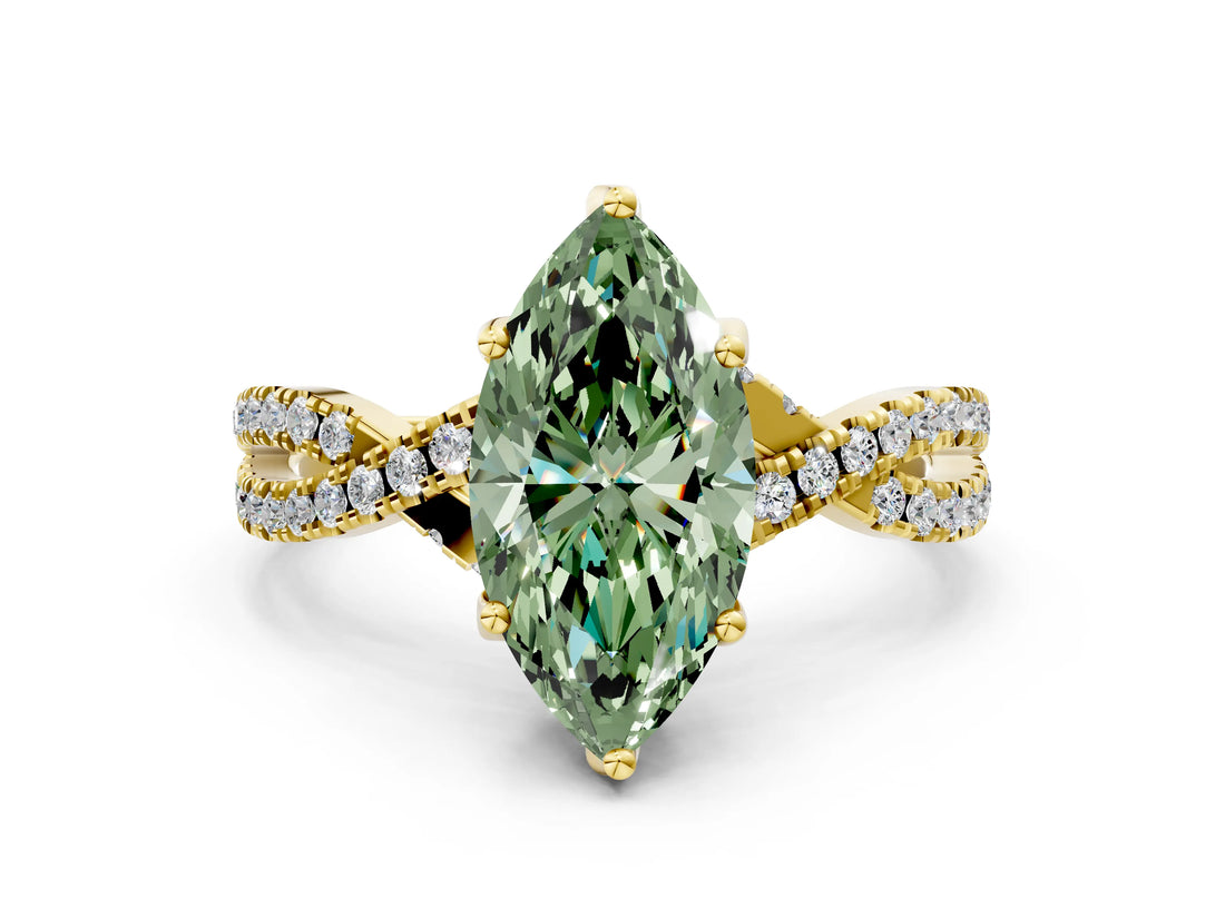 Yellow gold Fancy Green Marquise Cut Solitaire Twist Pave Diamond Engagement Ring with Prong Setting