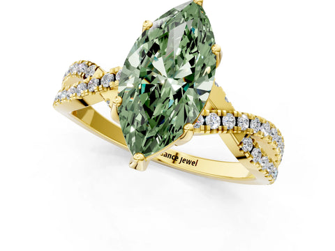 Yellow gold Fancy Green Marquise Cut Solitaire Twist Pave Diamond Engagement Ring with Prong Setting_1
