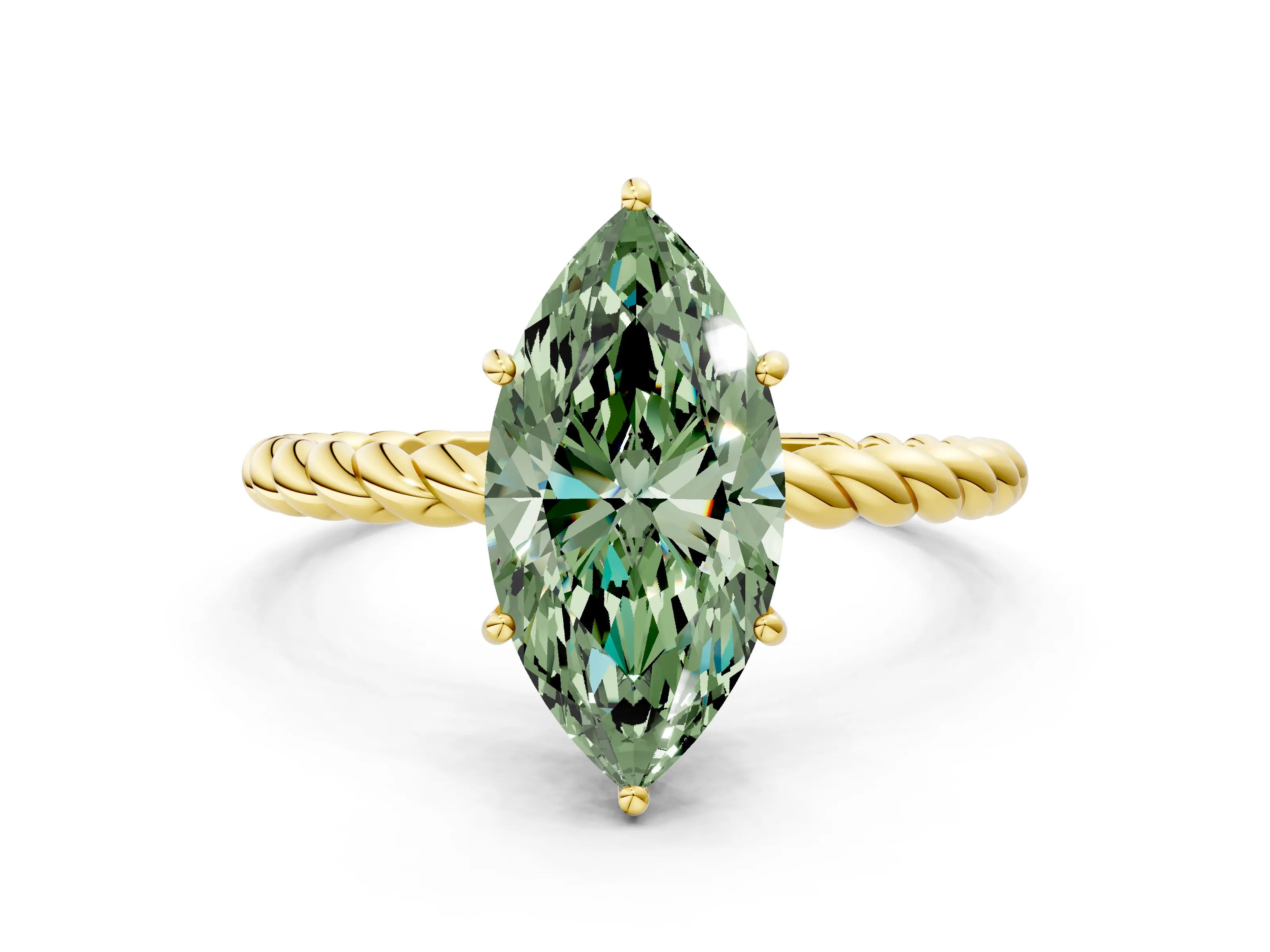 Yellow gold Fancy Green Marquise Cut Solitaire Twisted Band 4-Prong Ring