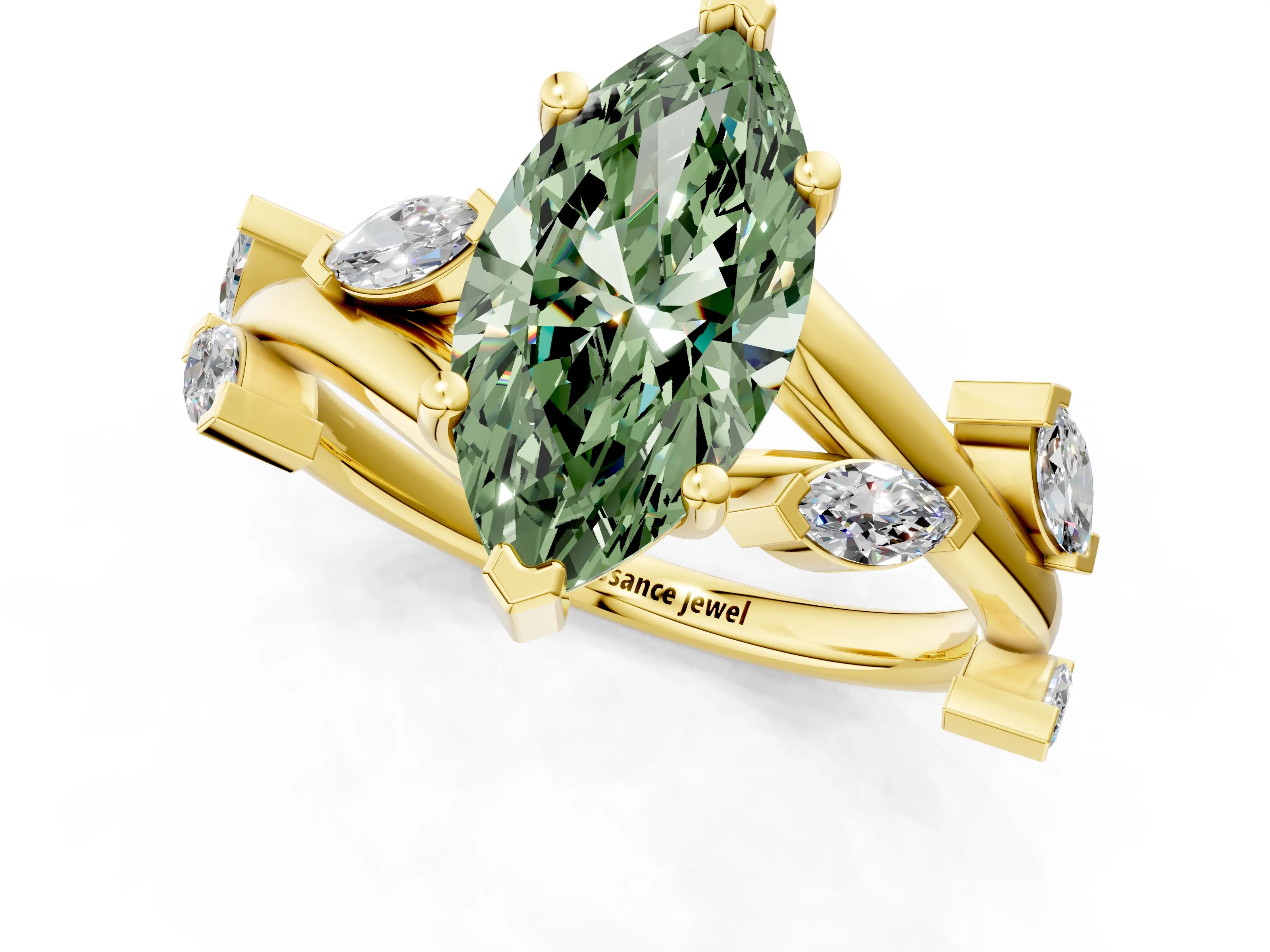 Yellow gold Fancy Green Marquise Cut Solitaire Twisted Band Marquise Accent Prong Setting Ring_1