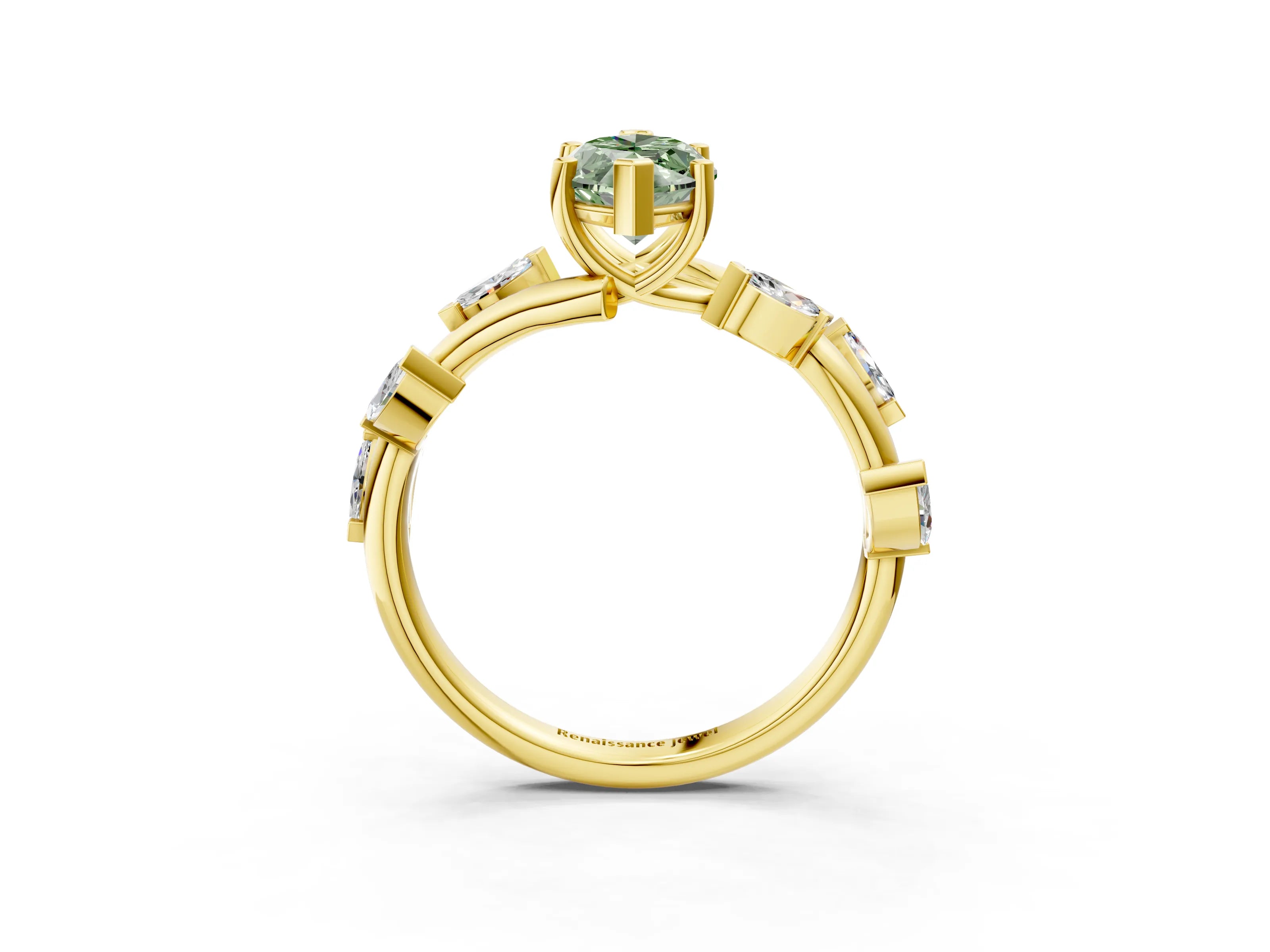 Yellow gold Fancy Green Marquise Cut Solitaire Twisted Band Marquise Accent Prong Setting Ring_3
