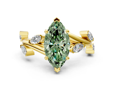 Yellow gold Fancy Green Marquise Cut Solitaire Twisted Band Marquise Accent Prong Setting Ring