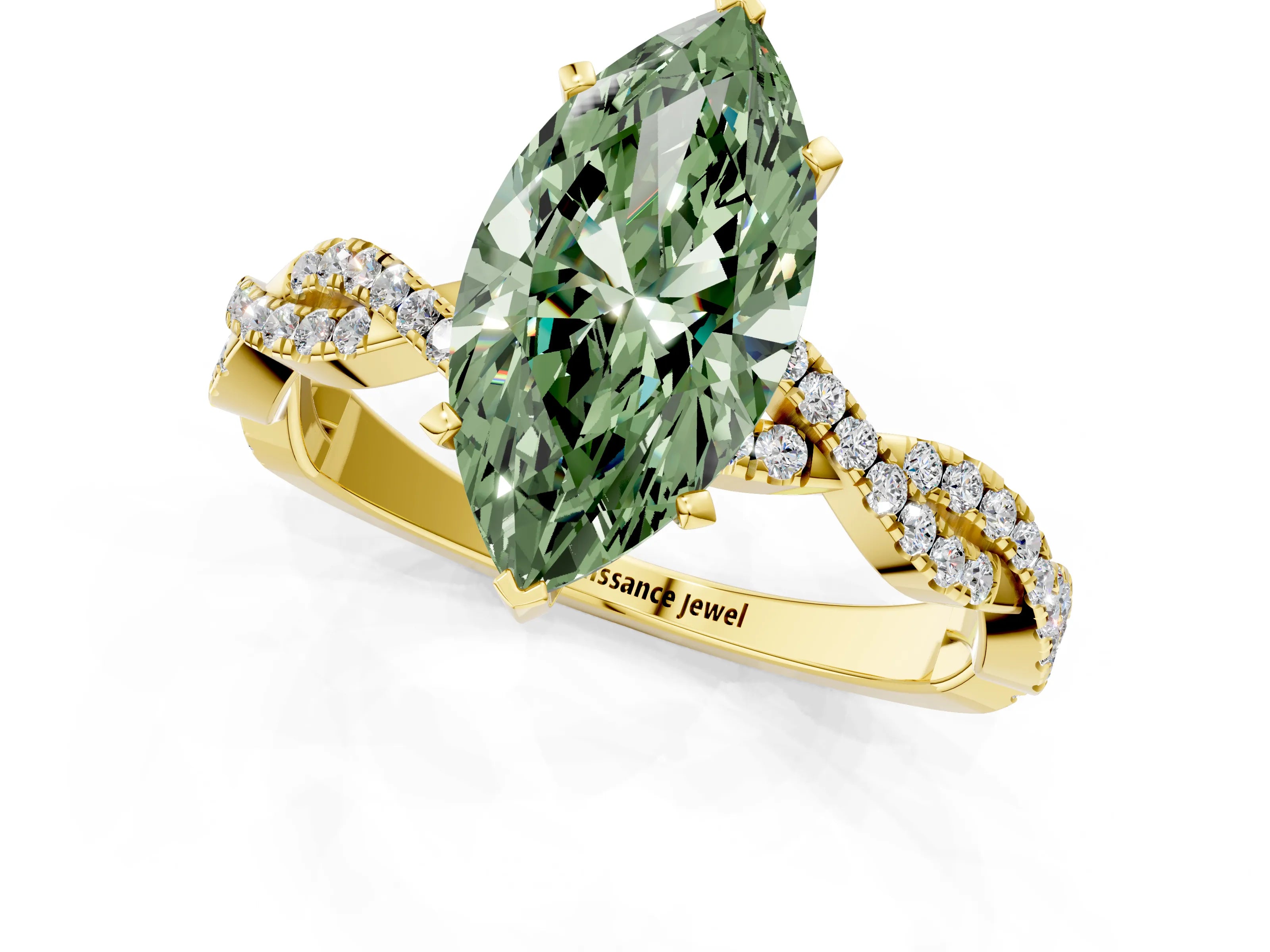 Yellow gold Fancy Green Marquise Cut Solitaire Twisted Pave Band with Four-Prong Setting_4