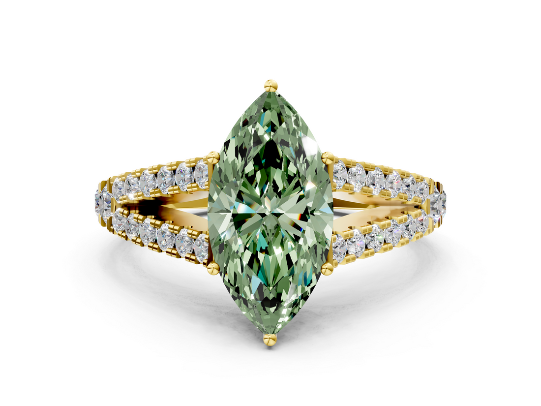 Yellow gold Fancy Green Marquise  Cut Split Shank Pave Diamond Engagement Ring with Four-Prong Setting_41