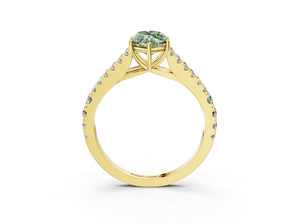 Yellow gold Fancy Green Marquise  Cut Split Shank Pave Diamond Engagement Ring with Four-Prong Setting