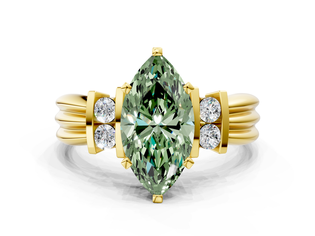 Yellow gold Fancy Green Marquise  Cut Three-Stone Channel Set Ring with Bar Prongs_59