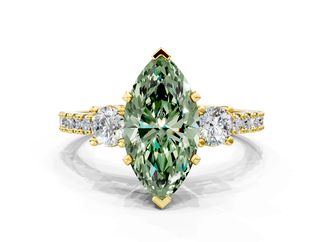 Yellow gold Fancy Green Marquise  Cut Three-Stone Diamond Pavé Band with Prong Setting_14