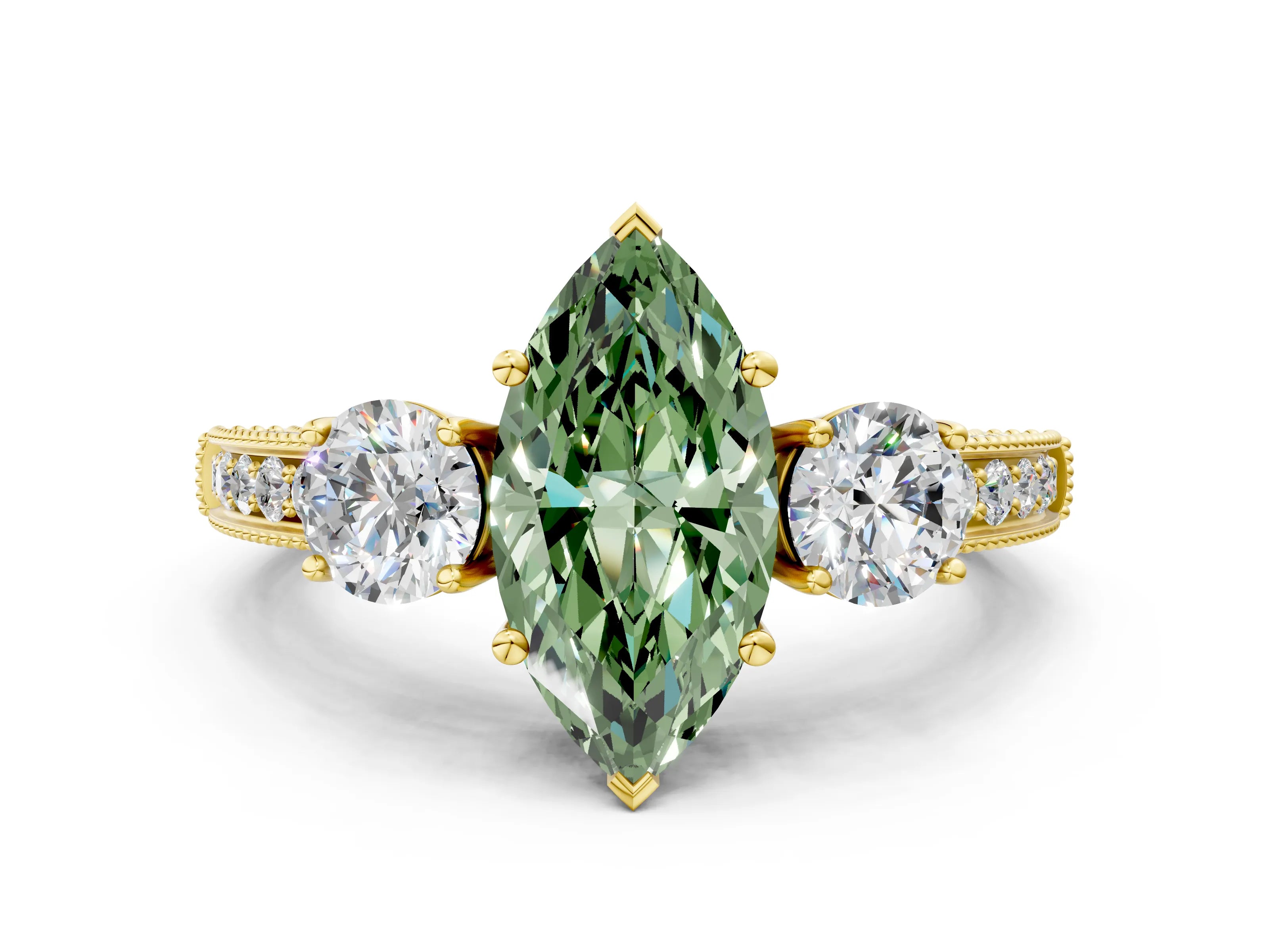 Yellow gold Fancy Green Marquise Cut Three-Stone Diamond Ring with Pavé Band and Four-Prong Setting