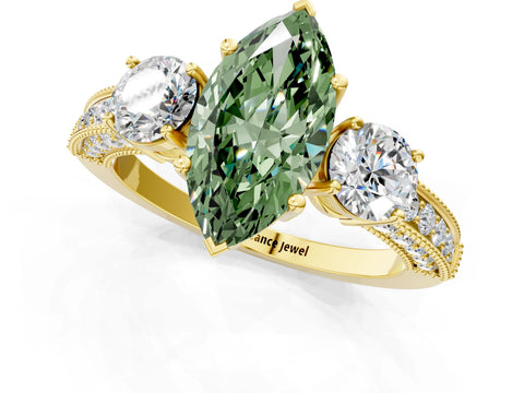 Yellow gold Fancy Green Marquise Cut Three-Stone Diamond Ring with Pavé Band and Four-Prong Setting_1