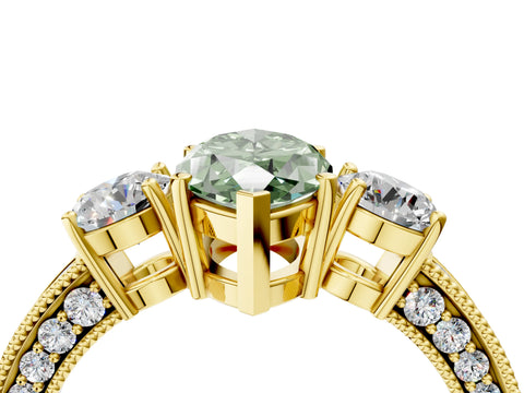 Yellow gold Fancy Green Marquise Cut Three-Stone Diamond Ring with Pavé Band and Four-Prong Setting_4