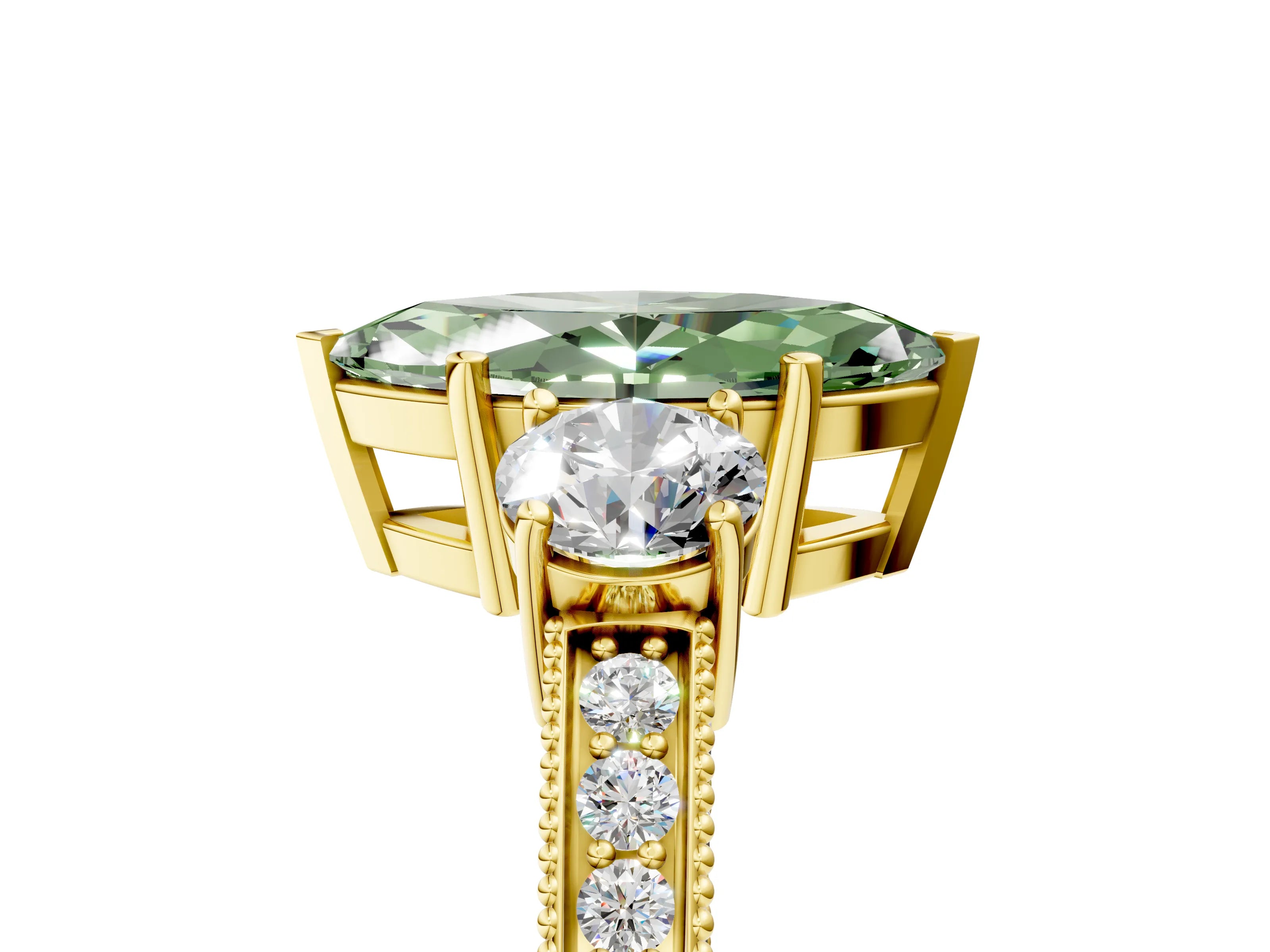 Yellow gold Fancy Green Marquise Cut Three-Stone Diamond Ring with Pavé Band and Four-Prong Setting_5