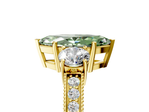 Yellow gold Fancy Green Marquise Cut Three-Stone Diamond Ring with Pavé Band and Four-Prong Setting_5