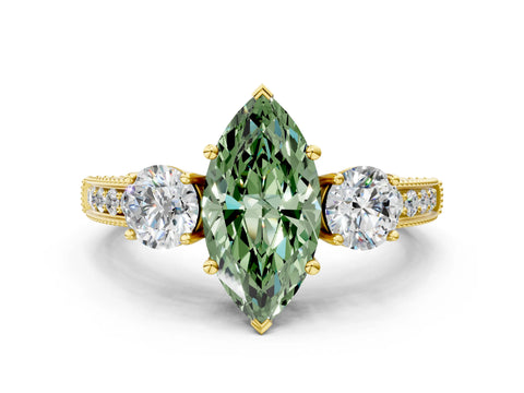 Yellow gold Fancy Green Marquise Cut Three-Stone Diamond Ring with Pavé Band and Four-Prong Setting