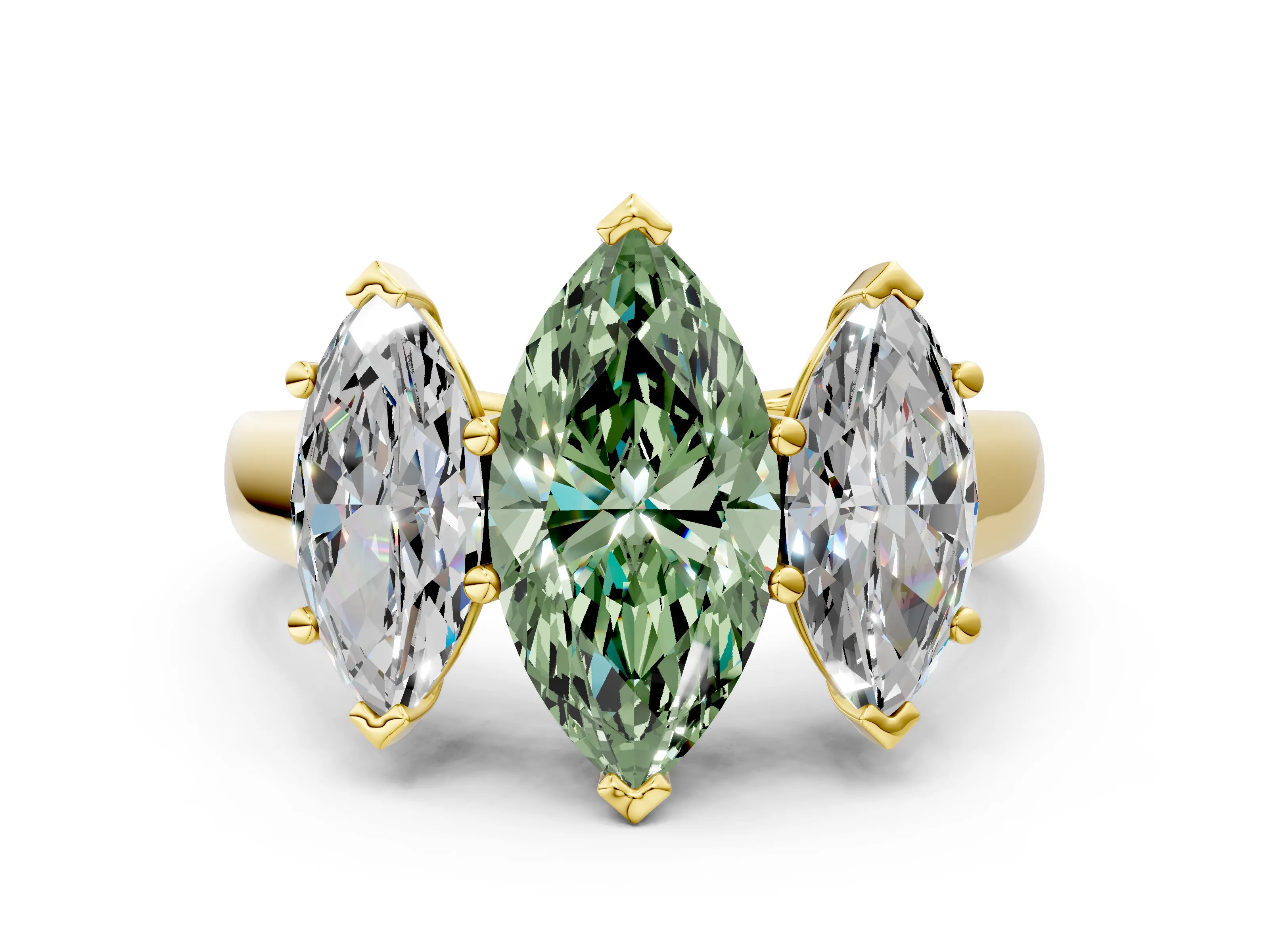 Yellow gold Fancy Green Marquise Cut Three-Stone Diamond Ring with Prong Setting on a Classic Band