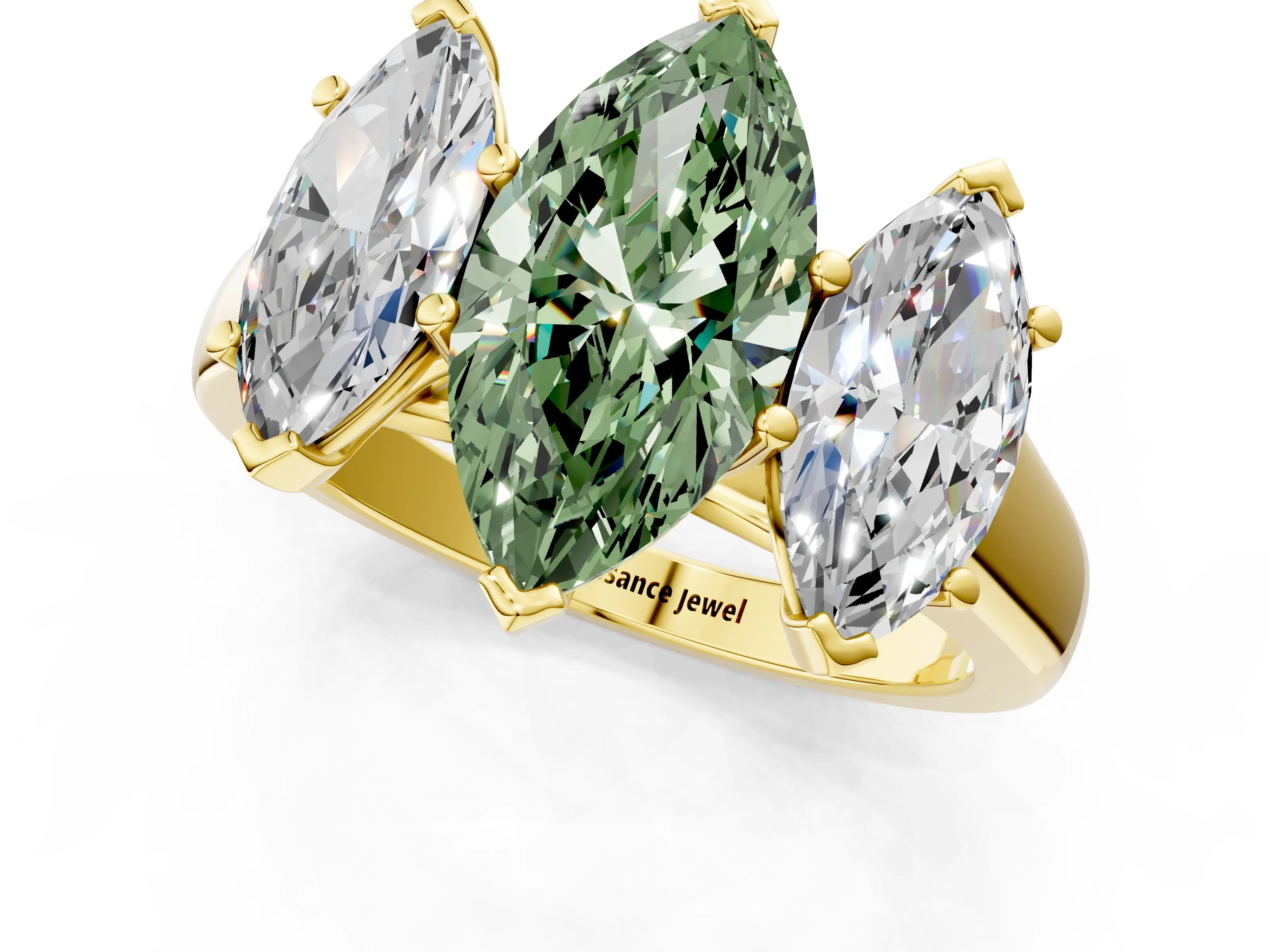 Yellow gold Fancy Green Marquise Cut Three-Stone Diamond Ring with Prong Setting on a Classic Band_1