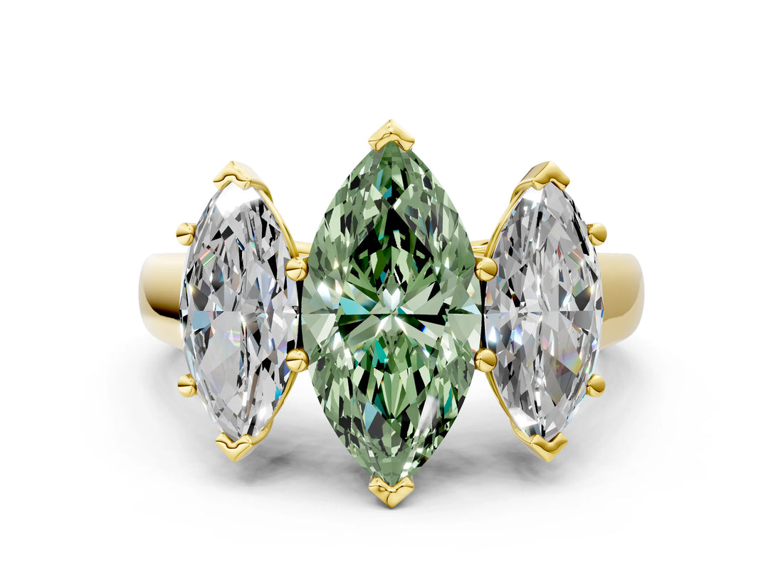Yellow gold Fancy Green Marquise Cut Three-Stone Diamond Ring with Prong Setting on a Classic Band_12