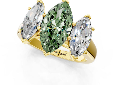 Yellow gold Fancy Green Marquise Cut Three-Stone Diamond Ring with Prong Setting on a Classic Band_1