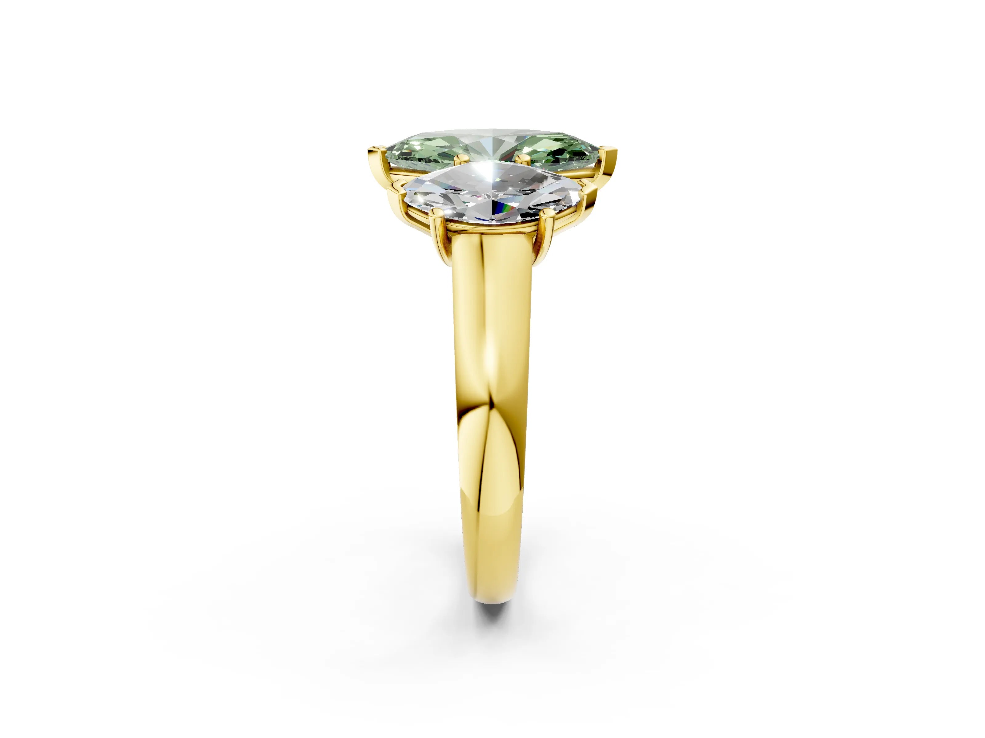 Yellow gold Fancy Green Marquise Cut Three-Stone Diamond Ring with Prong Setting on a Classic Band_2